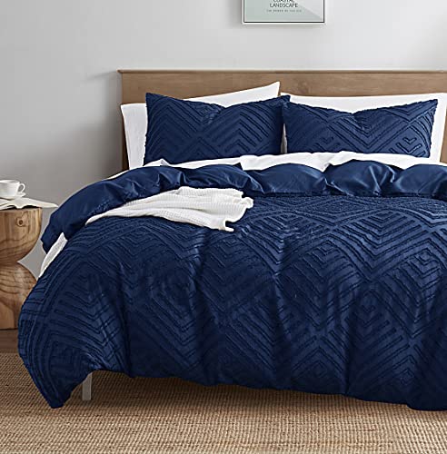 Image of Nestl Boho Duvet Cover Queen - Boho Bedding Sets & Collections, Textured Queen Duvet Cover Set, 3 Piece Tufted Navy Duvet Cover w /Zipper Closure, 1 Queen Size Duvet Cover 90x90 Inch & 2 Pillow Shams
