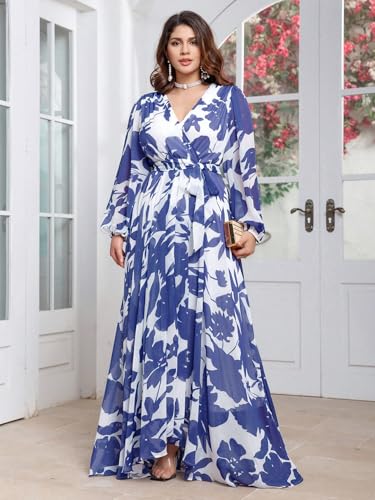 Image of Spring Summer 2024 Plus Size Womens Dresses V Neck Casual Elegant Long Sleeve Floral Print Maxi Dress