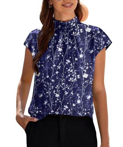 Image of Funlingo Womens Summer Tops Mock Neck Short Cap Sleeve Blouses Business Casual Work Chiffon Shirts Front Pleated Tunic Top
