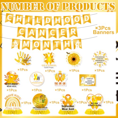 Image of Gameza Childhood Cancer Awareness Decorations - 14PCS Childhood Cancer Awareness Month Party Banner Hanging Swirls Honeycomb Centerpieces Decor, Gold Ribbon Charity Public Social Event Party Supplies