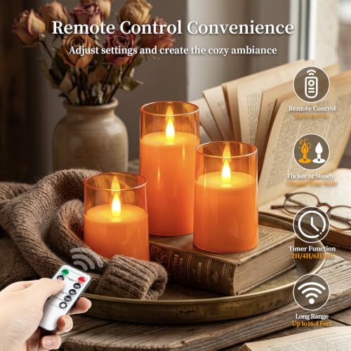 Image of Homemory Orange Flameless Candles Realistic Flickering with Remote for Fall | Halloween Candles Battery Operated with Timer, LED Fake Electric Pillar Candles for Home, Holiday Decor, Set of 3