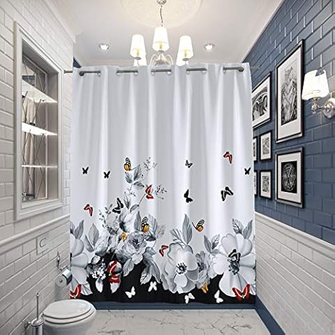 JOYMIN Floral Fabric Shower Curtain No Hooks Needed | Simple Flower and Butterfly Design | Water Repellent | Machine Washable | 72"x84" Inch | Black White Cover