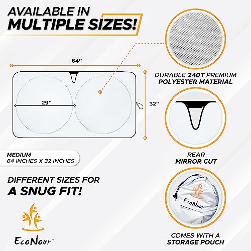 Econour Car Windshield Sun Shade With Rear Mirror Cut | Front Window Sun Protector For Uv Rays & Sun Heat | Car Interior Accessories Fits Small Sedans, Mini Suvs & Hatchbacks | Standard (64X32 Inches) #TOP5