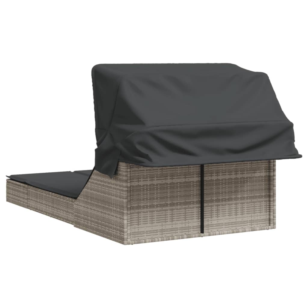 Homgoday Lit double auvent et coussins gris clair en polyrotin, décor de meubles, chaises longues, canapé-lit, lit de piscine, lit de jardin