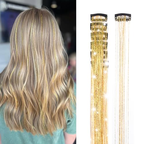 GOO GOO Clip in Hair Tinsel 24 Inch-6pcs Champagne Fairy Glitter, Heat Resistant Clip-In Sparkle Strands, Dazzling Glitter Tinsel for Women & Girls, Perfect for Parties, Christmas, New Year, Halloween
