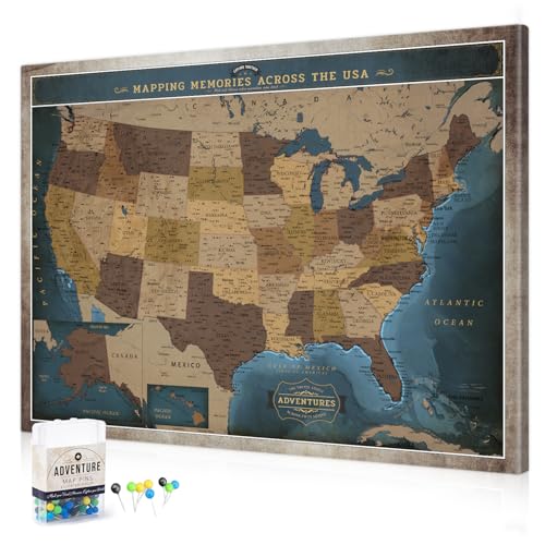 Image of DECORARTS - Deep Blue Vintage USA Travel Map Canvas with Pins, US Map for Travel, for Living Room, Office or Entryway, Ready to Hang, 40x30''