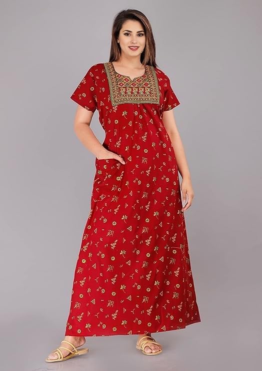 Image of OFEEFAN Women's Cotton Embroidered Jaipuri Nighty Gown - Pack of 2 Rajasthani Print Maxi Night Dress with Pocket - Soft & Comfortable Ladies Sleepwear & Loungewear