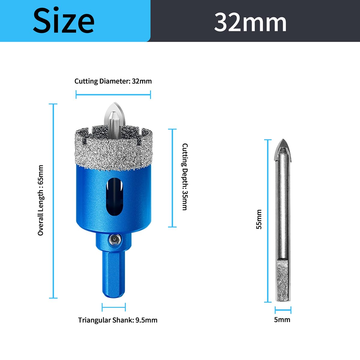 Teronbeta Diamond Hole Saw 32mm with Pilot Center Drill Bit, Vacuum Brazed Diamond Core Hole Cutter for Tile Porcelain, Glass - Image 2
