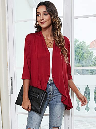 Image of Chunoy Women Solid 3 /4 Sleeve Duster Ruffles Causal Lightweight Kimono Cardigan Open Front Blazer Sweater Tops Wine Red Small