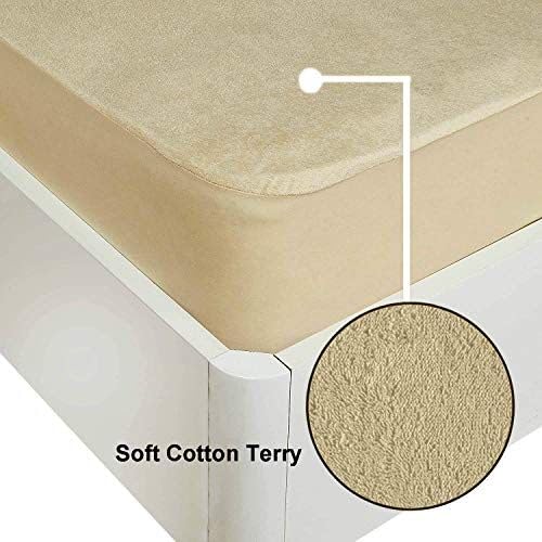 Image of Waterproof Mattress Protector Queen Size 75x60 - Waterproof Terry Cotton Mattress Protector /Bed Cover Queen Size Bed - Beige Color - Water Proof Mattress Protector for Kids Urine