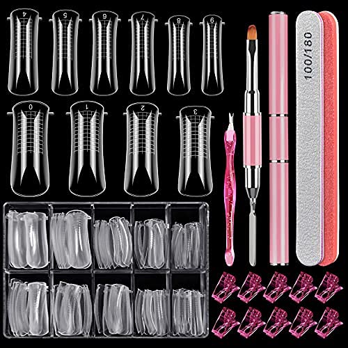 Dual Nail Forms Set, MORGLES Gel Nail Mold Coffin Nail Forms Acrylic Nail Mold Kit with Nail Tip Clips Gel Brush Pen Nail Files for Gel Nail Art (10 Sizes,100pcs)