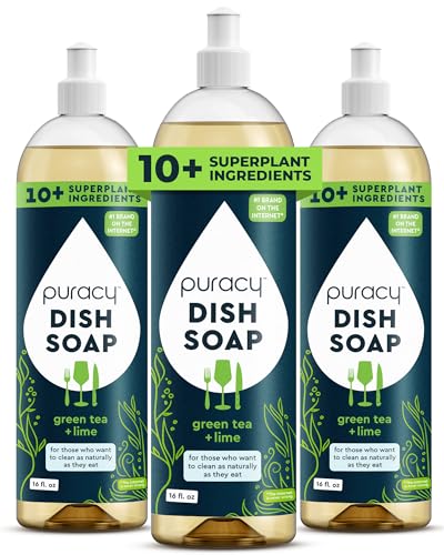 Puracy Natural Dish Soap Packs- Skin-Softening Plant-Based Dishwashing Soap, Non-Toxic Dish Soap, Organic Liquid Dishwashing Detergent Soap (Green Tea & Lime, 16 fl oz, 3 Pack)