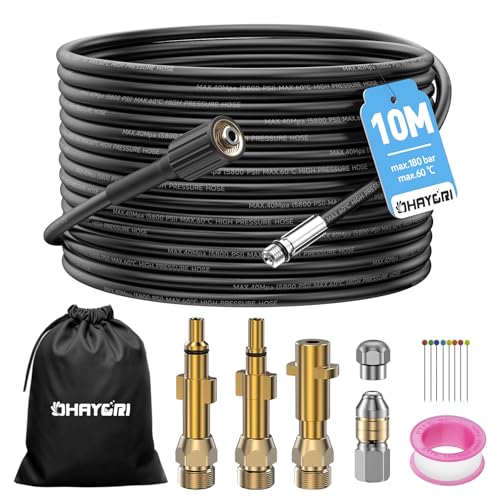 10M Tuyau Deboucheur Canalisation Nettoyage Haute Pression pour Kärcher K2-K7 HD HDS, Lavor, Bosch, Parkside,180Bar Kit Furet Professional avec Buse Rigides+Rotatives+3 Adaptateurs en Cuivre Résistant