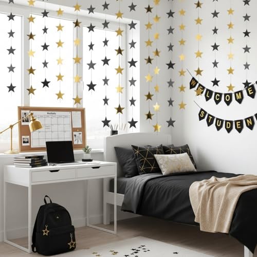 Image of Patelai Glitter Star Garland Banner 2026 Party Decoration Double Side Star Hanging String Streamer Paper Twinkle for Graduation Wedding Birthday(Gold and Black,130 Feet)