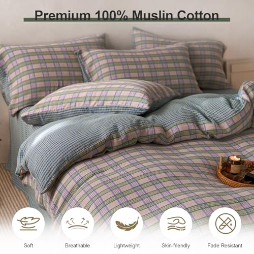 Image of EAVD Vintage Pastel Pink Buffalo Plaid Duvet Cover Twin Soft 100% Cotton Muslin Retro Green&Purple Grid Checkered Plaid Bedding Set with 2 Pillowcases Aesthetic Gingham Duvet Cover with Zipper Closure