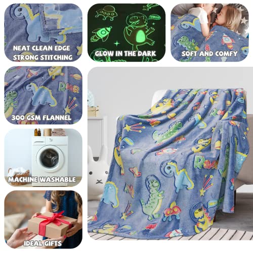 Image of REXEO Dinosaur Toys Gifts Blanket for Boys Age 3-10, Space Dinosaur Glow in The Dark Blanket for Kids, Galaxy Dino Throw Blankets, Birthday Gifts for Boys Toddlers, Soft Fleece Kids Throw 50 inch x 60 inch