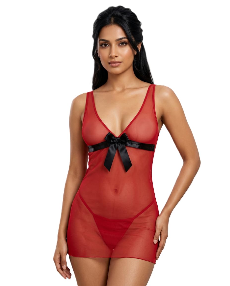 Sheer Net Babydoll Lingerie for Women | Sexy Lace Nighty | Deep V-Neck Chemise | Free Size Nightwear for Honeymoon, Wedding Night, Valentine's Day, Anniversary & Romantic Sleepwear - RED-picture-36
