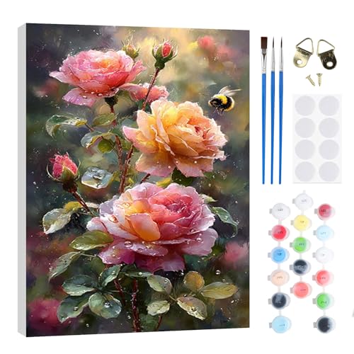 RICUVED Flores Pintura por Números para Adultos y Niños 20x30cm  Flores Kit DIY con Marco de Madera, Pinturas al Óleo, Pinceles y Bandas Magnéticas para Decorar Tu Casa