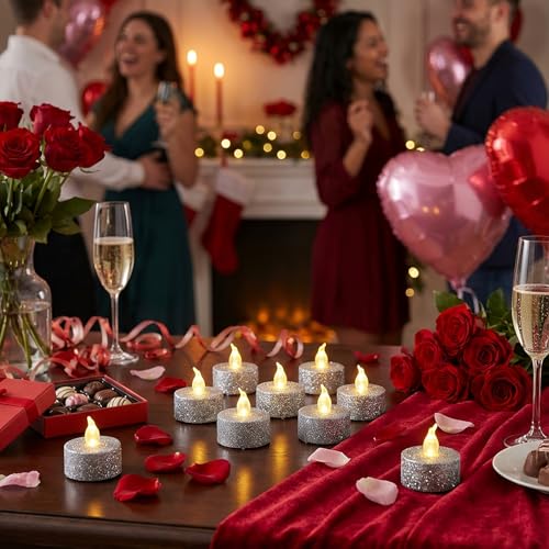 Image of 12Pcs Sliver Glitter Tea Light Candles Battery Operated with Timer | Led Flameless Tealight Vitive Candles, Warm White Flickering for Christmas Decor,Event,Anniversary Party,Wedding