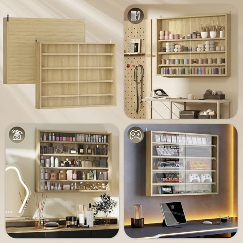 Image of HOMCOM 5-Tier Display Cabinet, Glass Door Cabinet with Adjustable Shelves, Wall-Mounted Display Case for Playroom, Bedroom, Oak