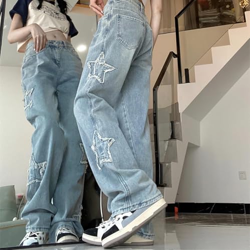 Womens Trendy Wide Leg Y2K Star Jeans Aesthetic Star Pants Boyfriend Loose Fit Denim Pants Teen Girls E Girl2