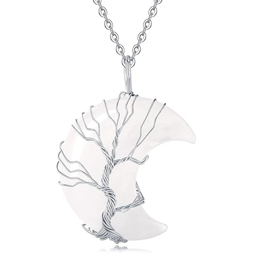 XIANNVXI Tree of Life Wire Wrapped Crescent Moon Pendant Necklace Reiki Healing Crystal Stone Necklaces Natural Gemstone Quartz Jewelry for Women