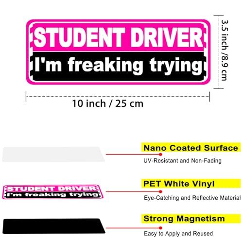 Image of Pink Student Driver Magnet for Car, Cute New Driver Magnetic Vehicle Sign, Reflective Safety Warning Sticker Magnet Sign for Girl, 10 inch x 3.5 inch (Pink- 2 Pack)