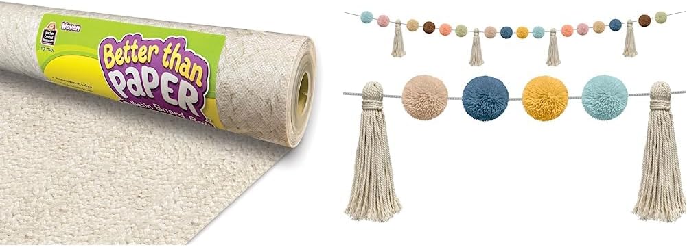 Woven Better Than Paper® Bulletin Board Roll and Teacher Created Resources Everyone is Welcome Pom-Poms and Tassels Garland