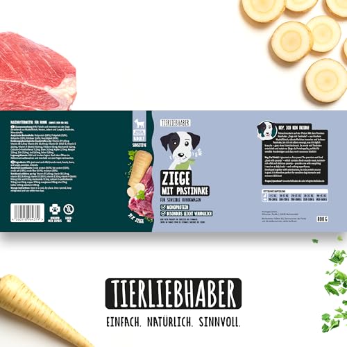 TIERLIEBHABER – Hundefutter Nass 800g 6X Ziege mit Pastinake – Von Tierärzten entwickelt – Nassfutter Hund mit 91% Fleischanteil – Dog Food als Hundenassfutter 800g Dosen