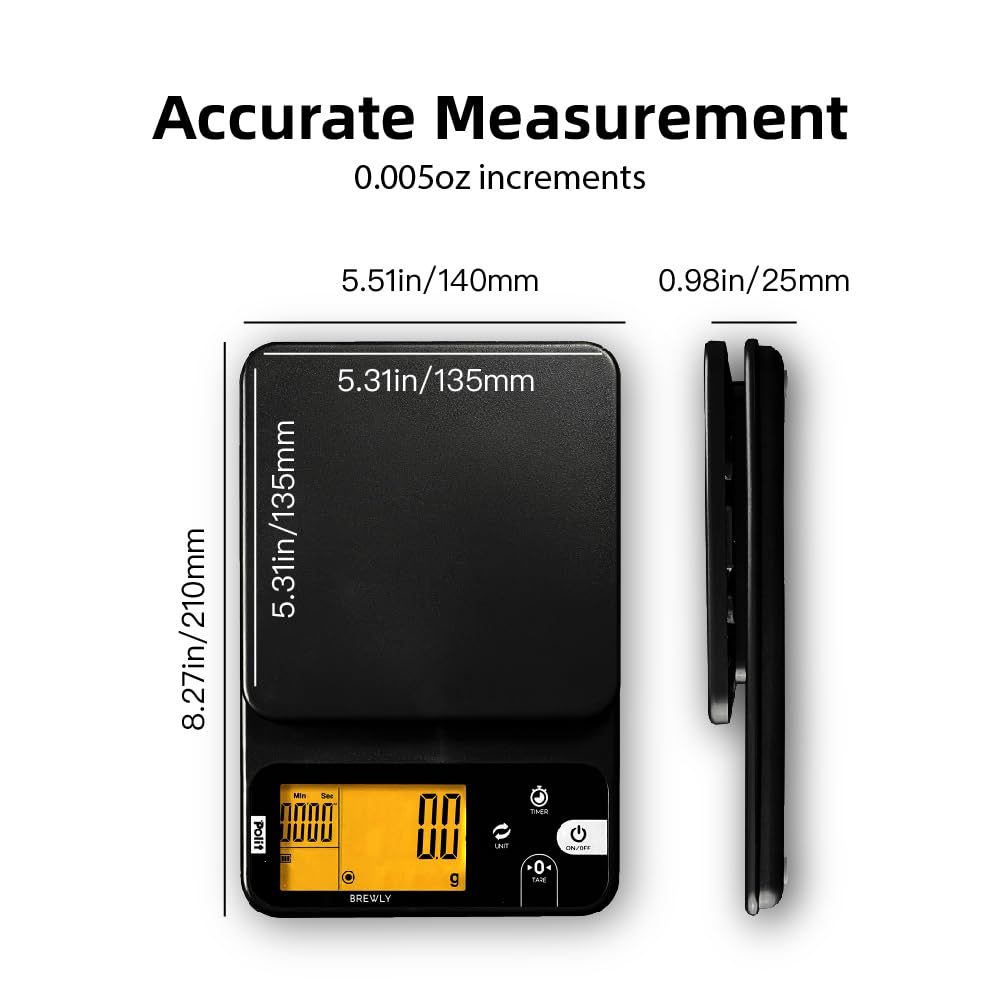 Polit Brewly Digital Coffee Scale with Timer?6.6lb/3000g Espresso Scale 0.1g/0.005oz Triple-Range Precision?USB-C or Battery?Dual Timer Modes?Small Travel Kitchen Scale for Pour-Over, Brewing & Baking