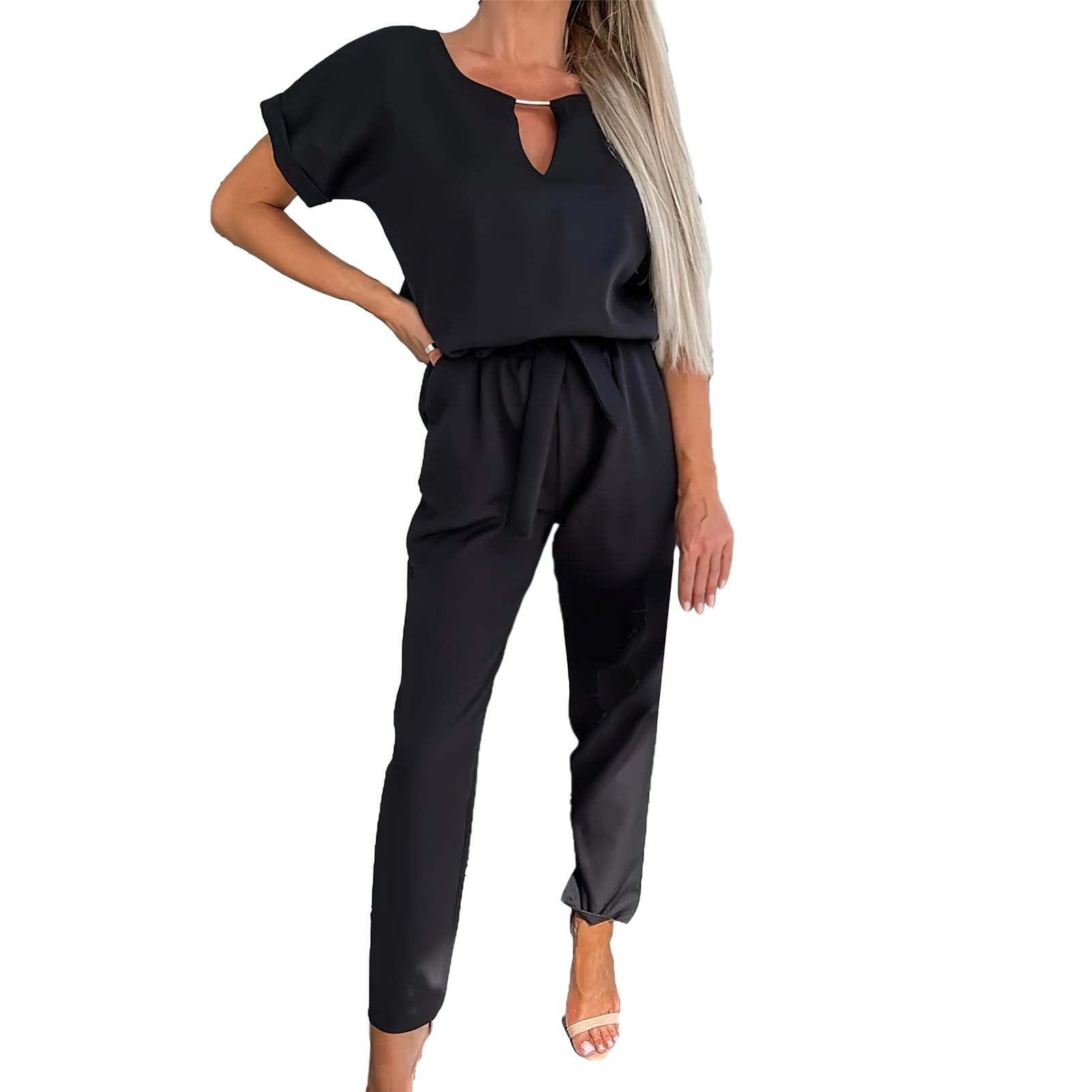 amropi Femmes Combinaison Manches Courtes Col V Jumpsuit Élégant Pantalon Casual Combishort avec Ceinture