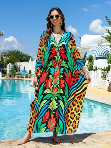 Image of IMAGEKOPE Women's Plus Size Animal Print V-Neck Batwing Kaftan Beach Dress Bathing Suit Cover-Up Loungewear