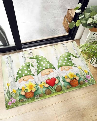 Indoor Doormat Summer Green Gnomes Heart Flower,Shaggy Floor Mat with Non-Skid Backing Watercolor Forest Landscape,Machine Washable Plush Area Rug Carpets for Kitchen Nursery Bedroom