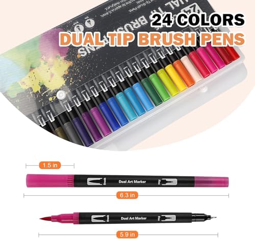 Image of Dual Tip Brush & Fine Tip Drawing Pens | Water-Based Coloring Markers for Art, Sketching, Calligraphy & DIY Crafts | Vibrant, Smooth Ink Set (Pack of 48)