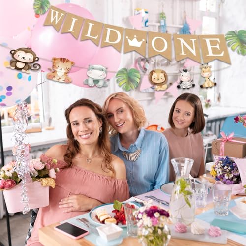 Image of Weecent Pre-Strung 6ft Burlap WIld One Banner for 1st Baby Birthday Decorations Jungle Safari Theme Neutral Jungle Animals Gender Reveal Party Decor