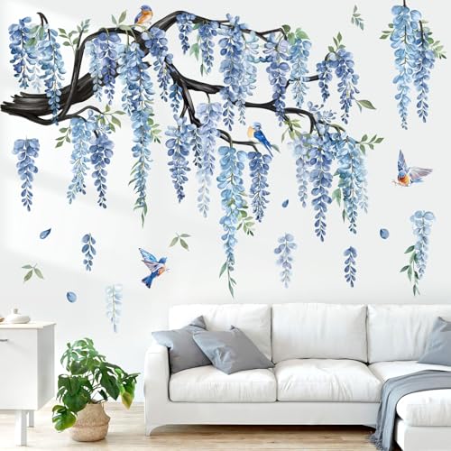 decalmile Large Flower Tree Branch Wall Decals Blue Hanging Vine Floral Wall Stickers Bedroom Living Room Sofa TV Background Wall Decor - Image 3
