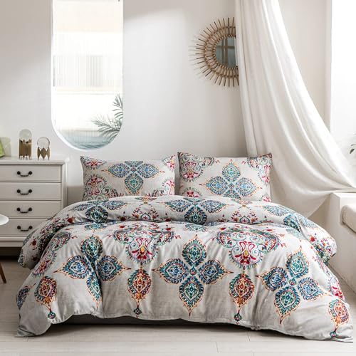 YASMENG Housse de Couette 200x200 Bohème Mandala Indien Turquoise Gris Parure de Lit Bohème Style Doux Microfibre Linge de Lit 2 Personne Adulte avec Fermeture Éclair...