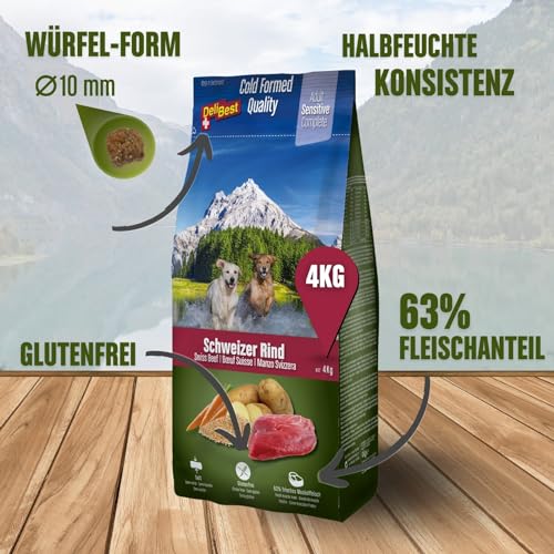 DeliBest Adult Sensitive Complete Dog Rind I Halbfeuchtes Futter für Hunde Adult I aus 100% Schweizer Rindfleisch I getreidefrei & ohne andere Zusätze I Hundefutter kaltgepresst I 4 kg