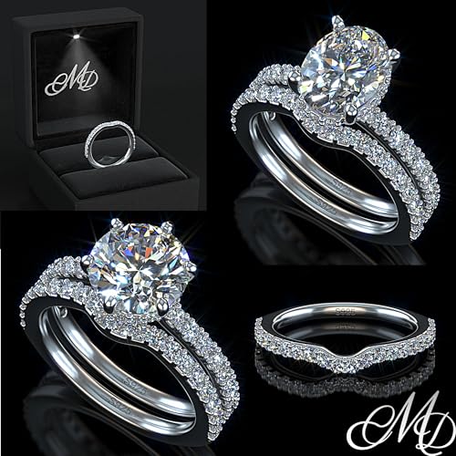 CMD Moissanite Curved Wedding Band, 1.8mm band, .55 TCW, D Color VVS1 Clarity, Semi Eternity Pave Setting, 18K White Gold-Filled Vermeil Sterling Silver S925, Stackable Ring Enhancer for Women Gift Set2