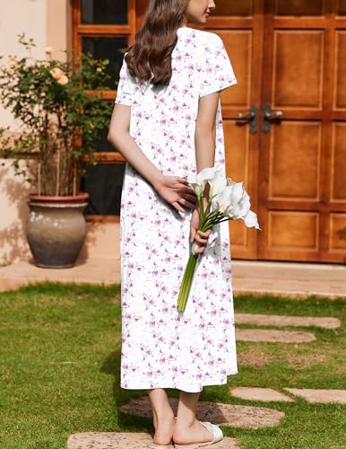 Image of Ekouaer Nightgown for Women Cotton Long Night Gown Short Sleeve Nightdress with Pockets Button Sleepshirt Soft Sleepwear