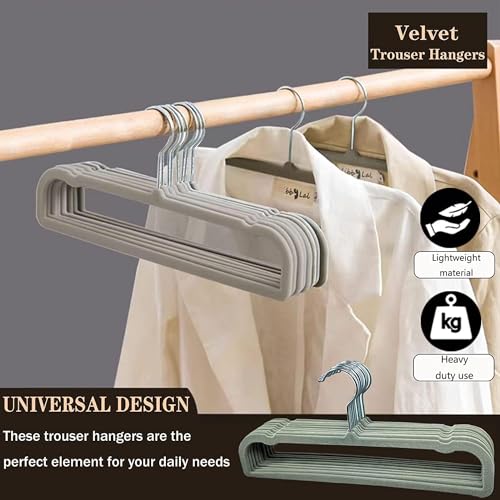 Image of Grey Velvet Hangers Non-Slip 20 Pack Felt Hangers for Pants Trouser Hanger | 360 Swivel Silver Hook, Thin Space Saving Clothes Hanger for Jeans Slacks, Slim Perchas Terciopelo, Perchas para Pantalones