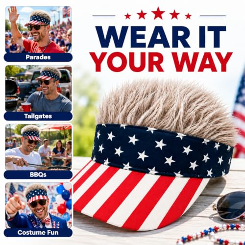 Image of Mens Visor with Hair Fake Hat with Hair for Men Funny Golf Hats Wig Hat Spiked Adjustable Baseball Cap