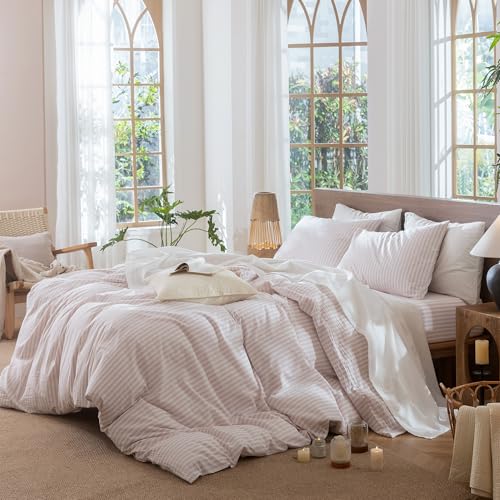 Image of MooMee Striped Duvet Cover Set 100% Washed Cotton Linen Like Twin | Relaxed Linen-like Texture. Soft, Breathable & Long-lasting Comfort. Lightweight. Hidden Zipper with 8 Interior Corner Ties