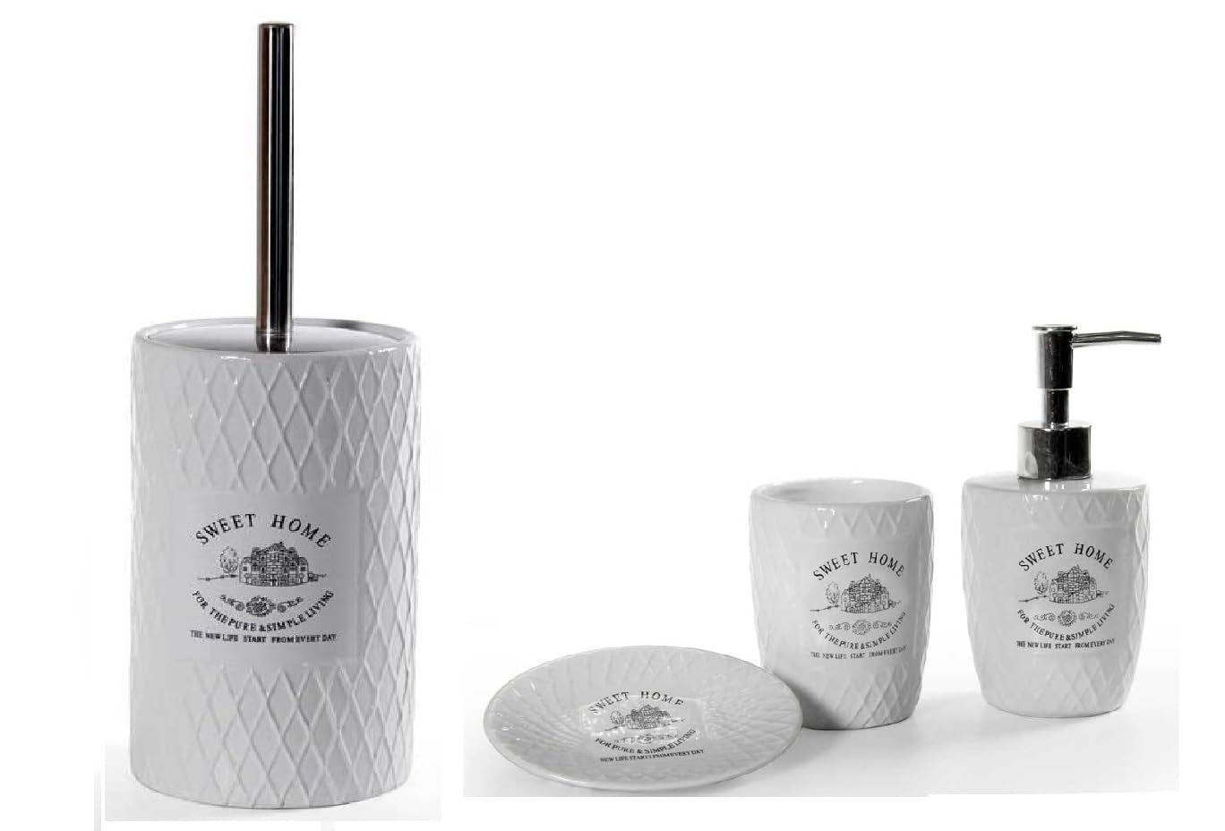 EDITACASA - Set accessori, kit di 4 accessori da bagno, con dispenser per sapone, porta saponetta bicchiere e scopino per WC articoli in ceramica, linea Sweet Moment - vintage