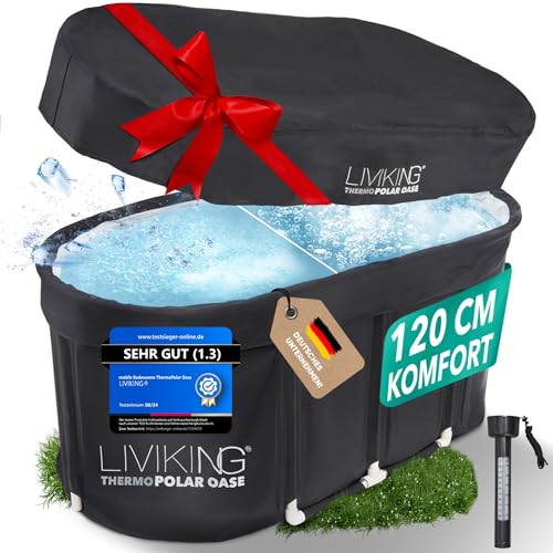 LIVIKING® Eisbad + Faltbare Badewanne Erwachsene [120 cm - 2in1 KOMFORT KOMPLETTSET] Eisbaden Tonne, Mobile Badewanne Outdoor & Eistonne – Jetzt Eintauchen! (ThermoPolar Oase, schwarz)