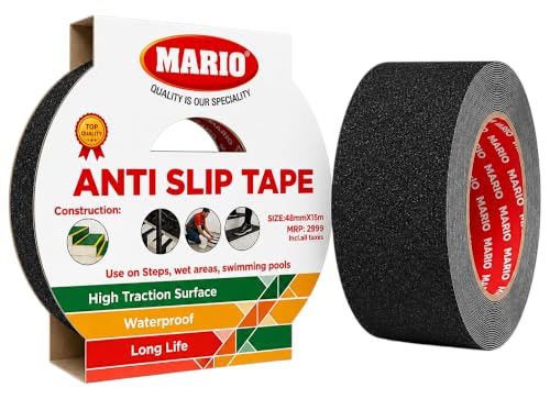Image of Mario Anti-Skid Anti-Slip Tape Black 50mm (2 Inch) x 15M | Extra Long Heavy-Duty Self Adhesive Safety Grip Tape | High-Traction Waterproof Non-Slip Tape for Stairs, Ramps, Floors & Walkways Use