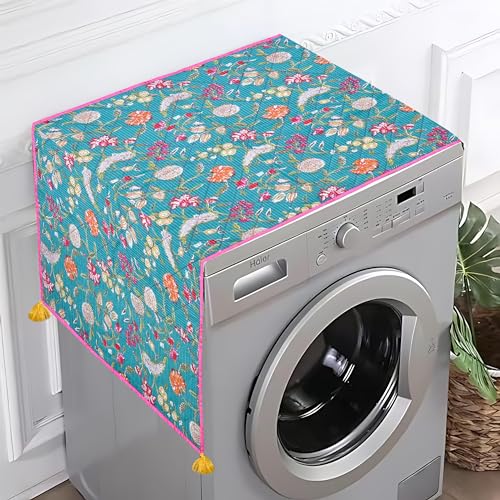 Image of Astitva Dust-Proof Fridge /Refrigerator Cover Cotton Washing Machine Top Protector with Side Storage Bags Universal Cover Cloth (Size - 103cm x 53cm, Each Pocket Size: 20 x 14 Cm) - Turquiose