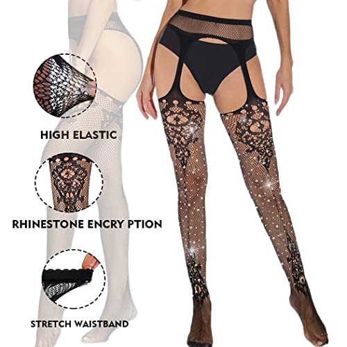 CanB Rhinestone Fishnet Stockings High Waist Tights Sexy Fishnets Thigh Suspender Pantyhose Stockings for Women and Girls4