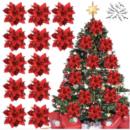 15 Fiori Albero Di Natale Rossi, Fiori Grandi Per Albero Di Natale Diametro 14 cm Resistenti Con Gancio Di Montaggio Incluso, Rose Rosse Per Addobbi Natalizi