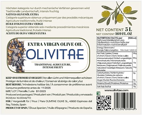 OLIVITAE. Extra natives Olivenöl 5 Liter. Traditionelle Landwirtschaft, intensiver Geschmack. Toledo, Spanien.